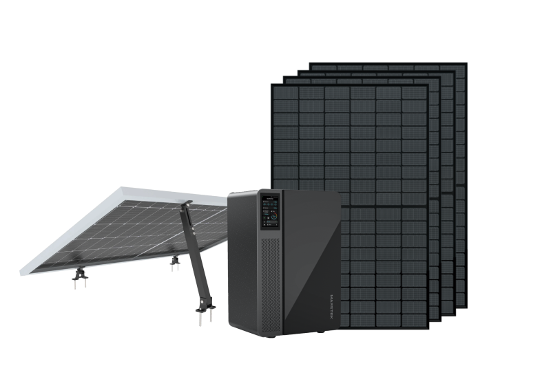 Zeus Smart Powersystem 2000 4 Solarmodule, Speicher und Halterung des Zeus Smart Powersystem 2000 in schwarzem Design.